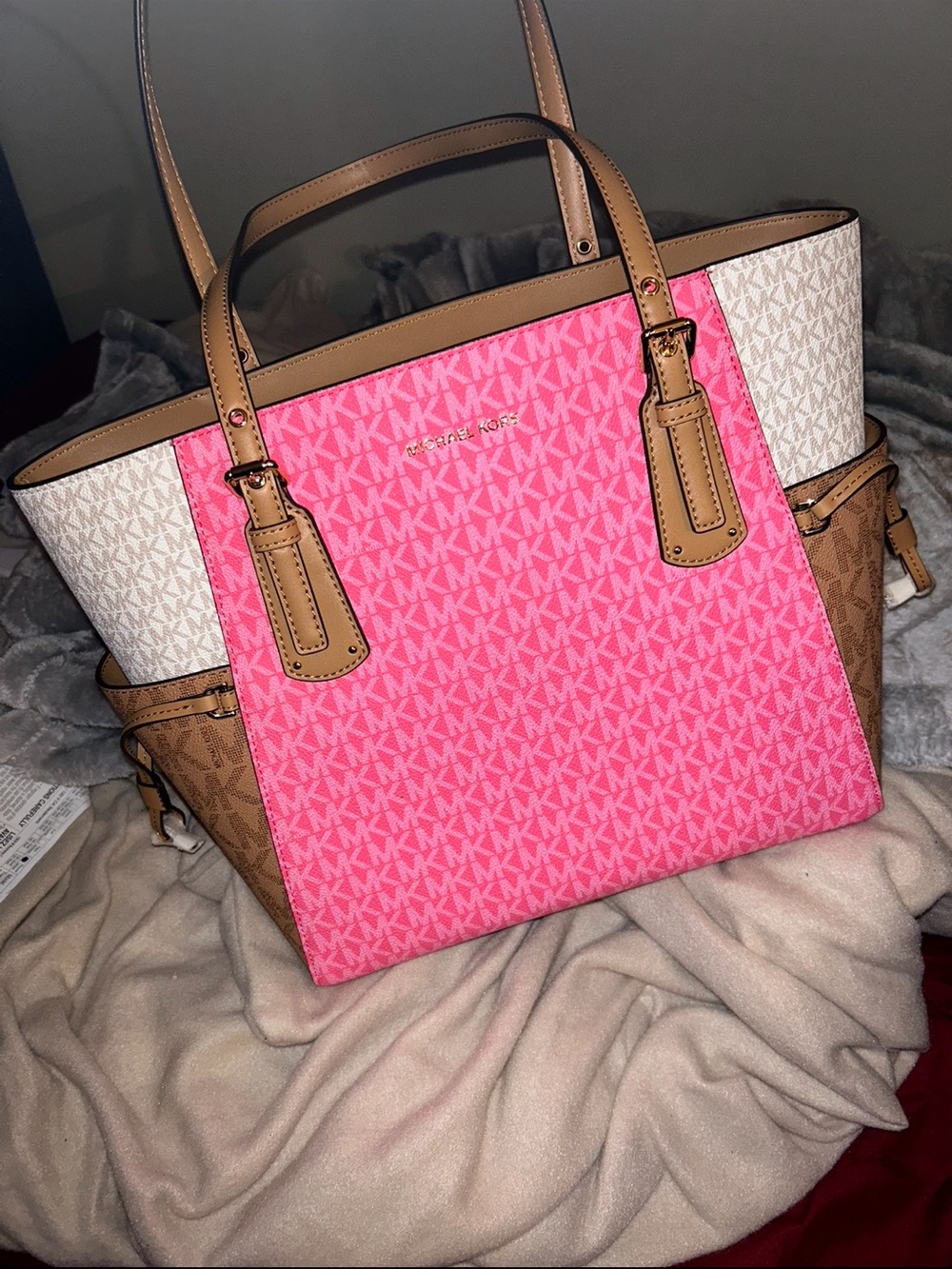 Michael Kors Pink, White & Tan Signature Tote